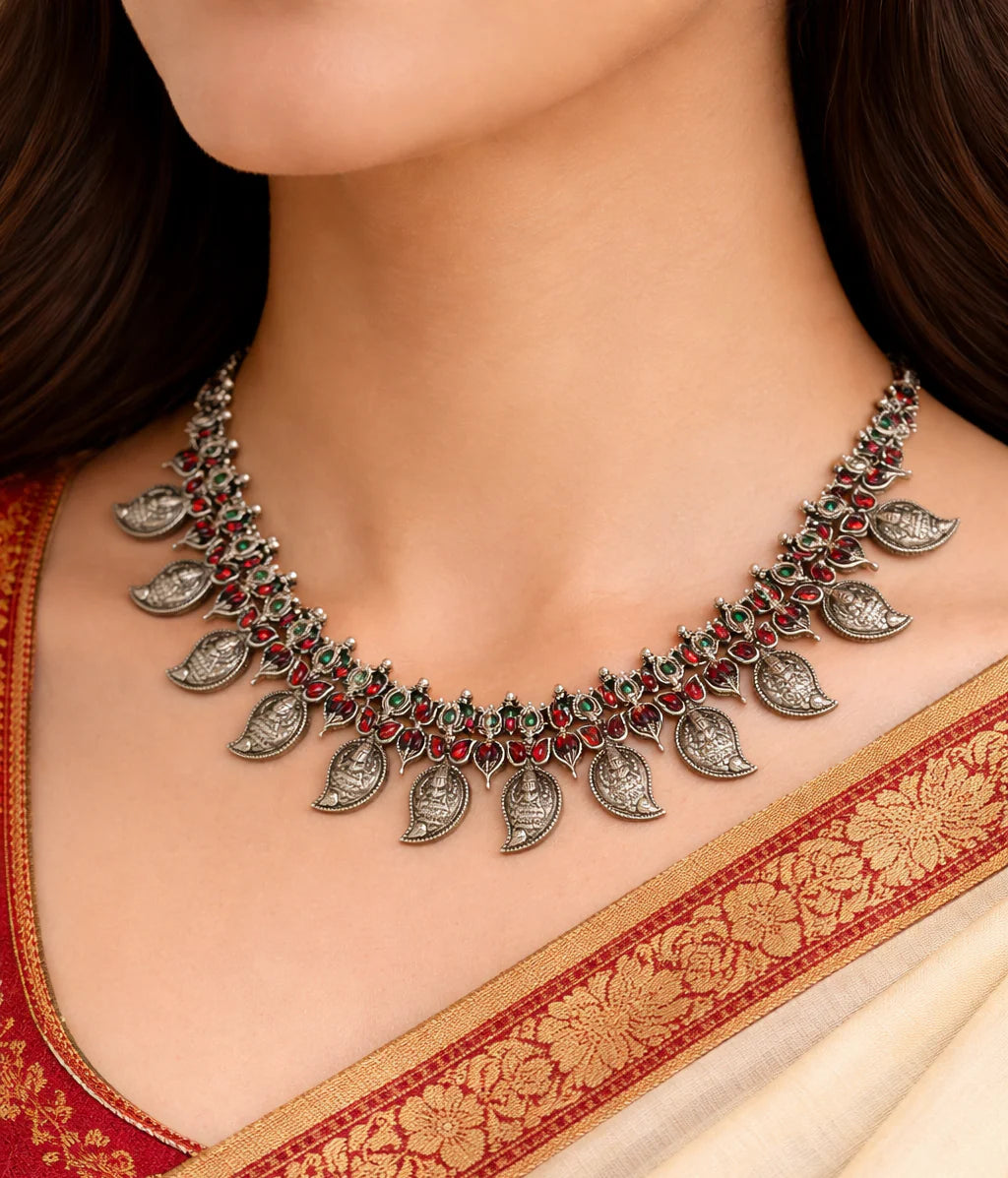 925 sterling silver handmade Goddess Laxmi stylish cut stone work necklace, wedding brides charm wedding Guttapusalu necklace jewelry set257