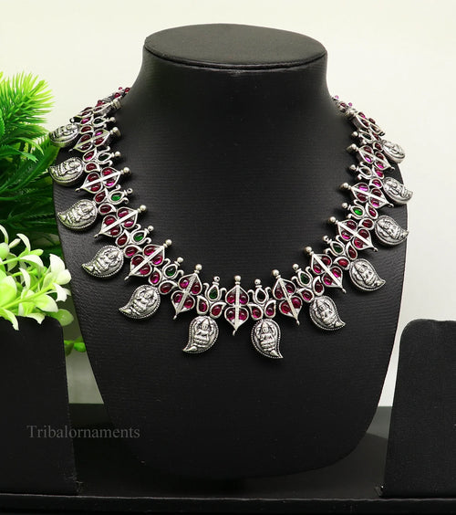 925 sterling silver handmade Goddess Laxmi stylish cut stone work necklace, wedding brides charm wedding Guttapusalu necklace jewelry set257